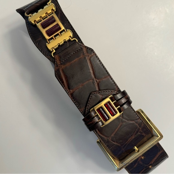 Linea Pelle Wide Croc Embossed Leather Belt Rhinestone Vintage Ruby Red -Fall 24 - Picture 2 of 11